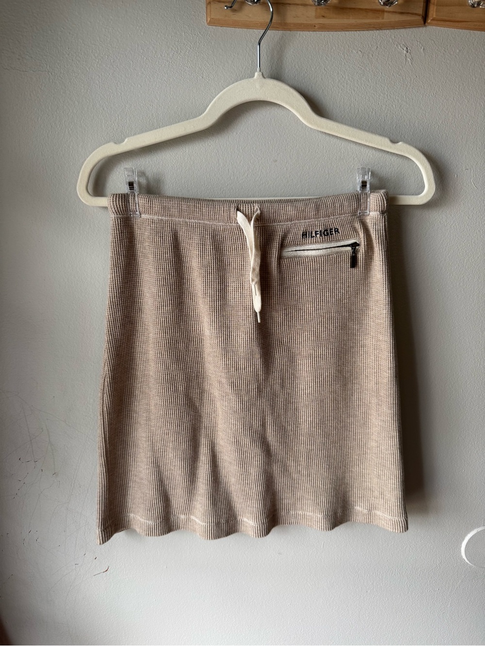 Vintage Tommy Hilfiger Beige Waffle Knit Drawstring Mini Skirt - Small